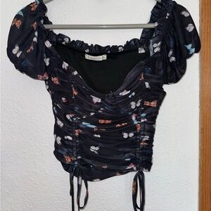 Elegant Black Butterfly Print Ruched Blouse